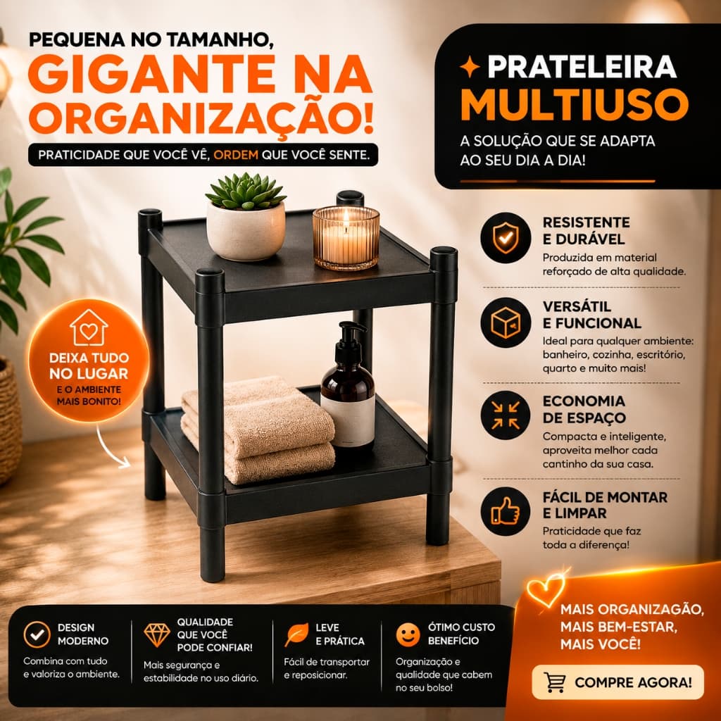 Estante Organizadora Multiuso 2 Andares Preta Prateleira Sapateira Banheiro Cozinha Quarto Lavanderia Casa Escritório