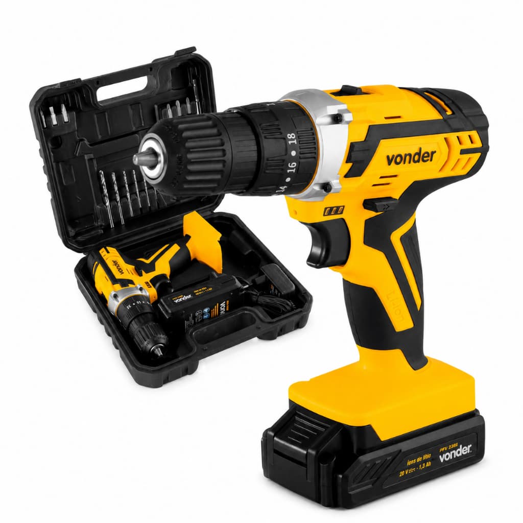 Parafusadeira Furadeira De Impacto Vonder PFV 238I 20V Com Maleta Bateria E 13 Acessórios Bivolt