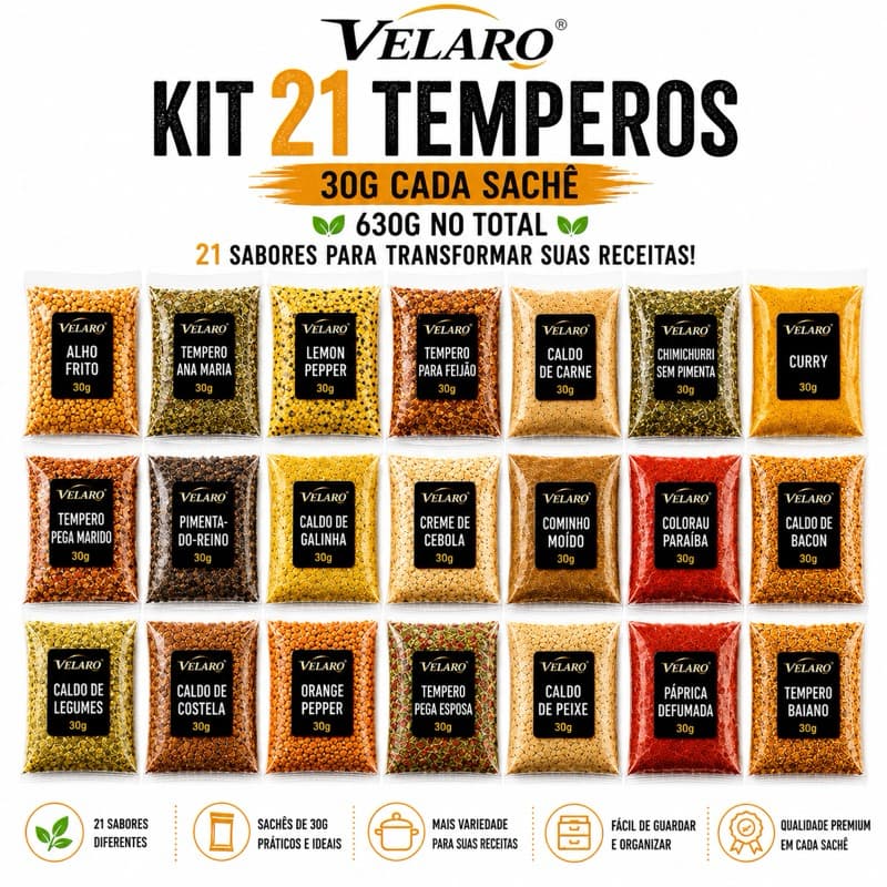 Temperos para Carnes Churrasco Frango e Feijão Kit 21 Sabores 30g Cada 630g Mix de Condimentos e Especiarias