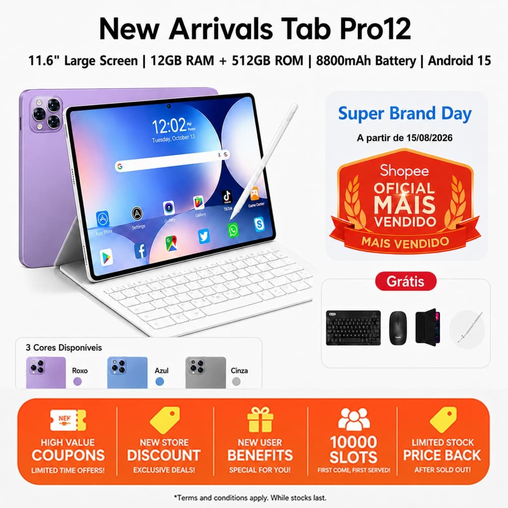 2026 New arrivals Tablet Pro12 Max | 12GB+512GB | Android 15 | Tela FHD 11.6" | 8800mAh MTK6799 4G/5G LTE