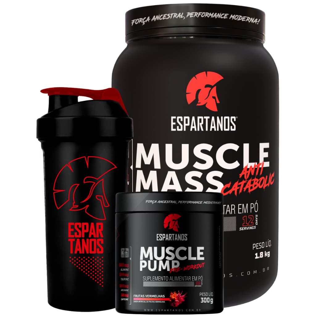 Kit Hipercalórico MUSCLE MASS + Pré Treino Muscle Pump + Shaker - Espartanos