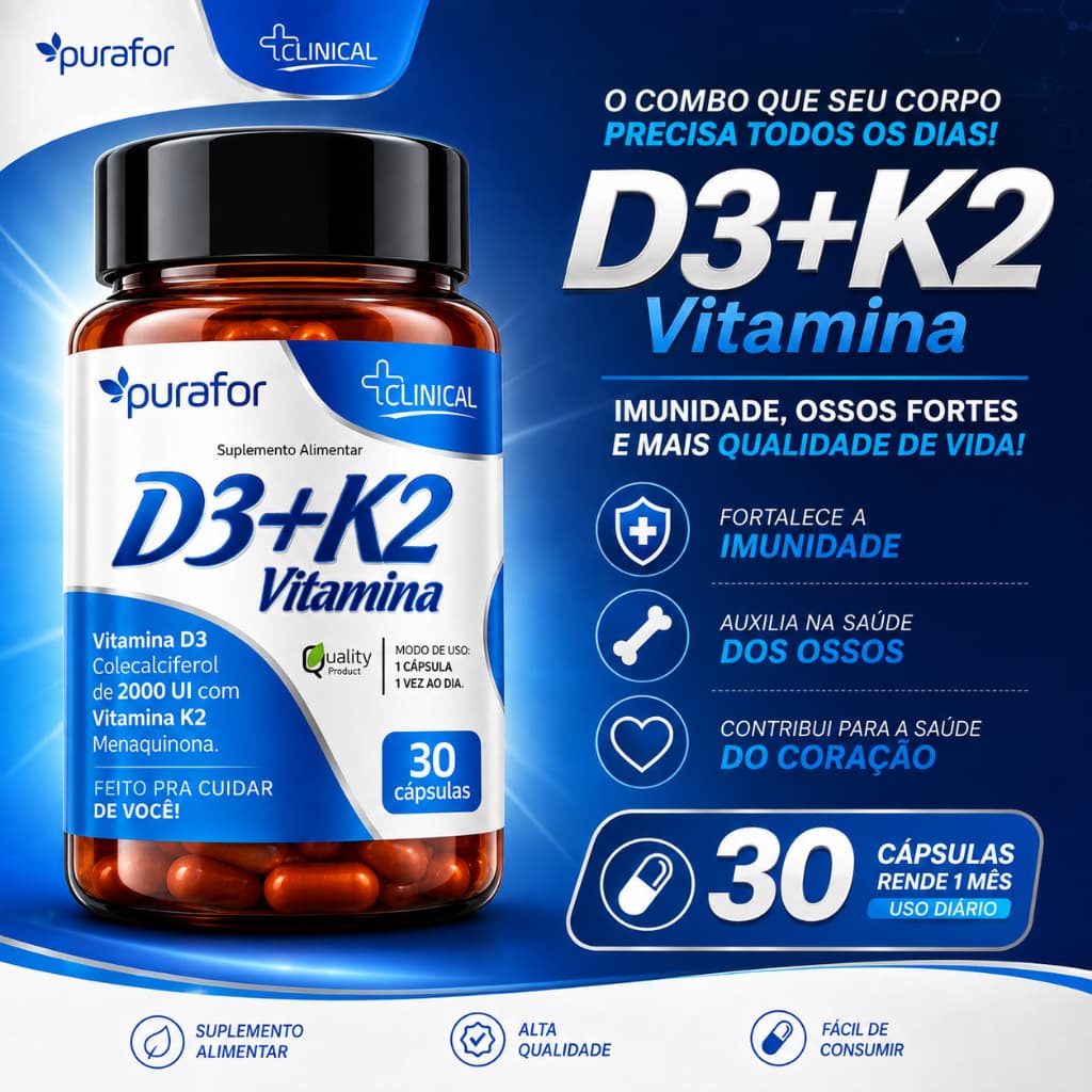 Vitamina D3 + K2 2000 UI 30 Cápsulas Purafor Clinical Suplemento Alimentar Vitamina D3 K2