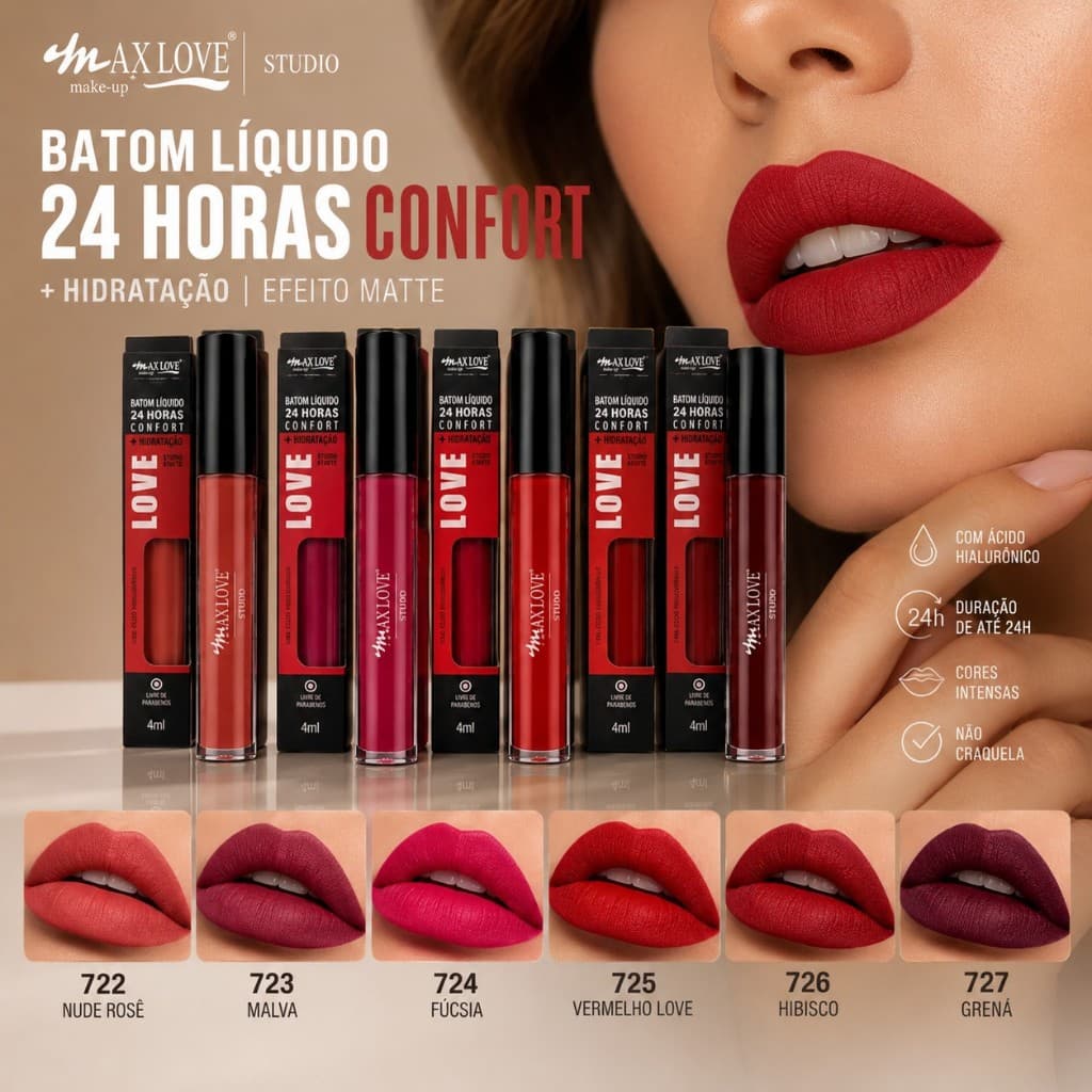 Batom Líquido Max Love 4ml Efeito Matte Cores Lindas Secagem Rápida