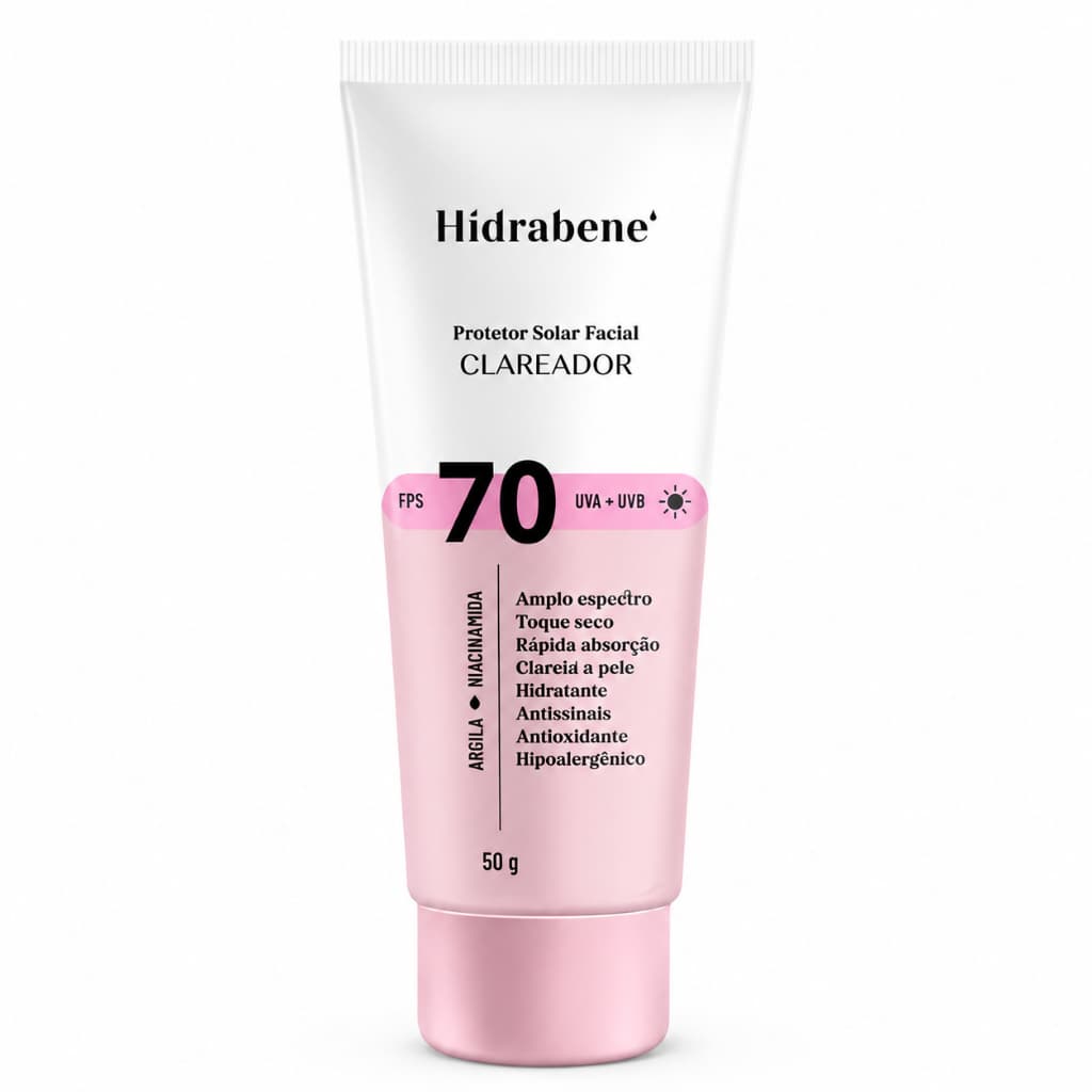 Protetor Solar Facial UVA-UVB Clareador FPS 70 Toque Seco Antissinais Oil Free 50g - Hidrabene