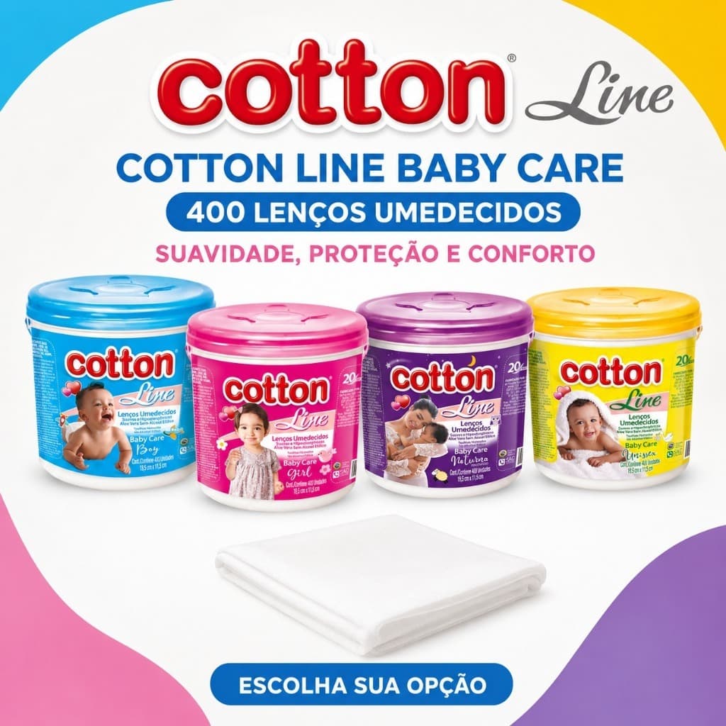 Lenços Umedecidos Baby Aloe Vera Cotton LIne - Balde 400 Unidades 4 Opções Boy Girl Unissex Noturno Sem Álcool