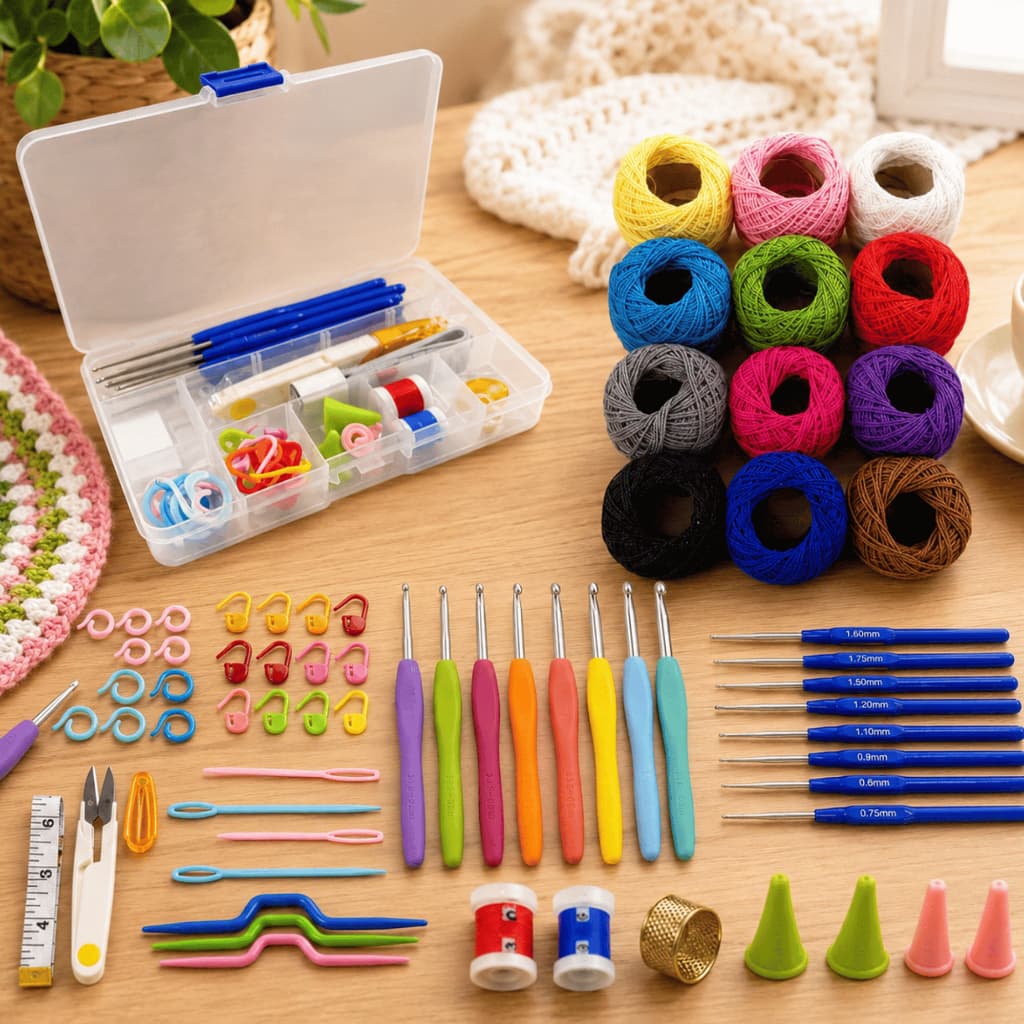 Kit Crochê Completo 59 Peças + 16 Agulhas Soft Ergonômicas + 12 Linhas Algodão Amigurumi Asas da Fé