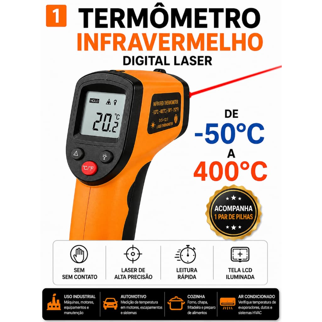 Termômetro Infravermelho Digital Laser -50°C a 400°C Pirômetro Medidor Temperatura Industrial Cozinha Motor Ar Condicion