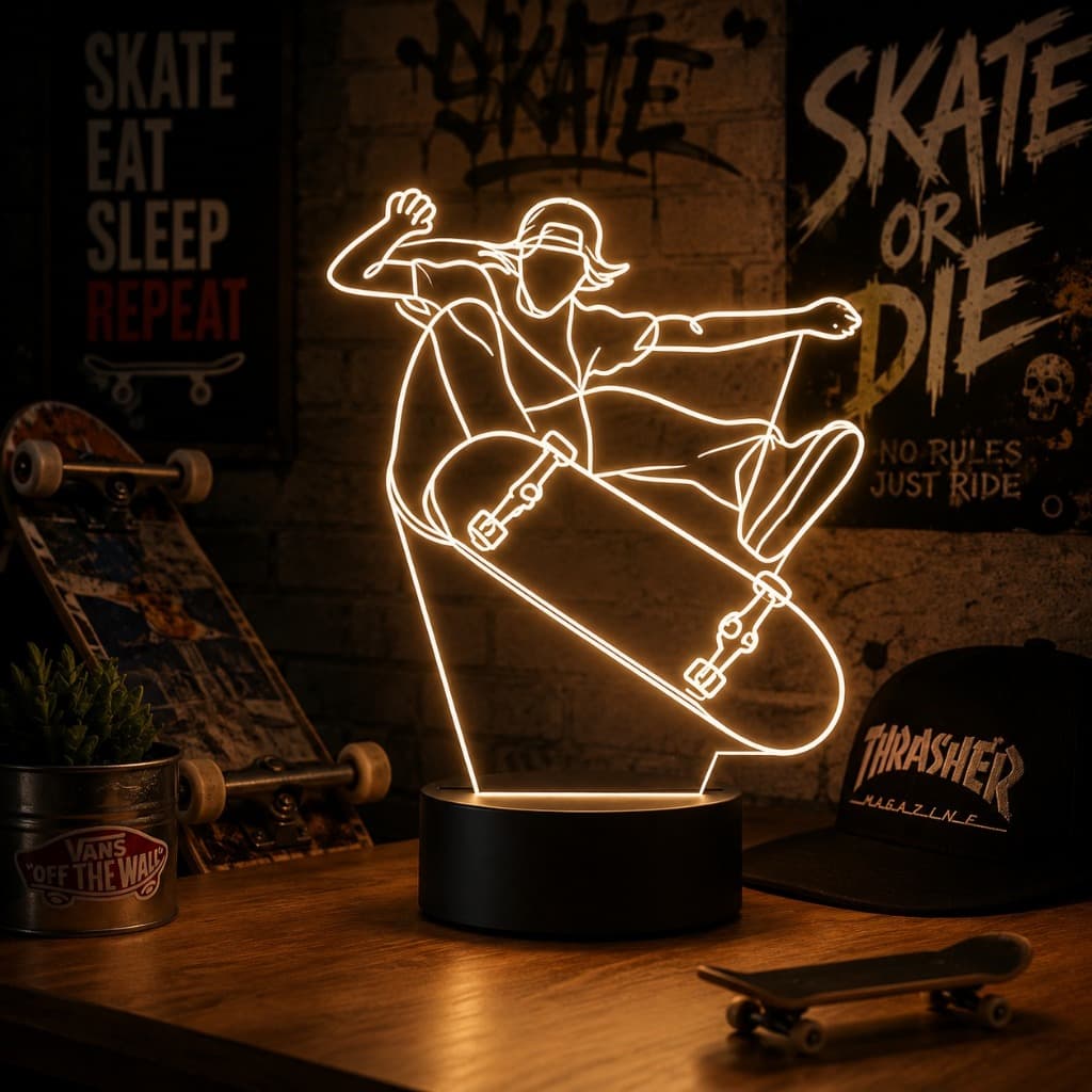 Luminária Led 3d | Skate Skatista | Abajur  1 Presente Criativo Decoração Multicores