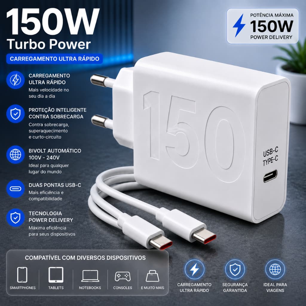 KIT Carregador Cabo e Fonte Turbo 150W PD Celular Xiaom Red Poco USB-C TIPO C Carregamento Super Rápido