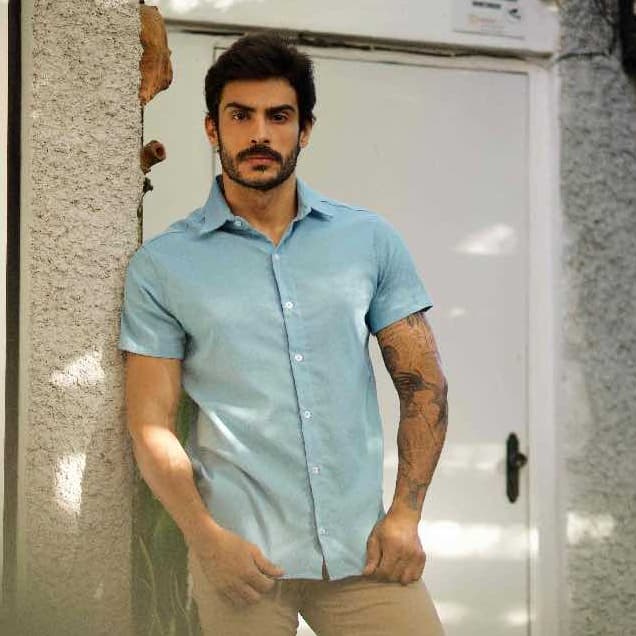 Camisa Social Masculina Linho Slim Fit Manga Curta Elegante Confortável