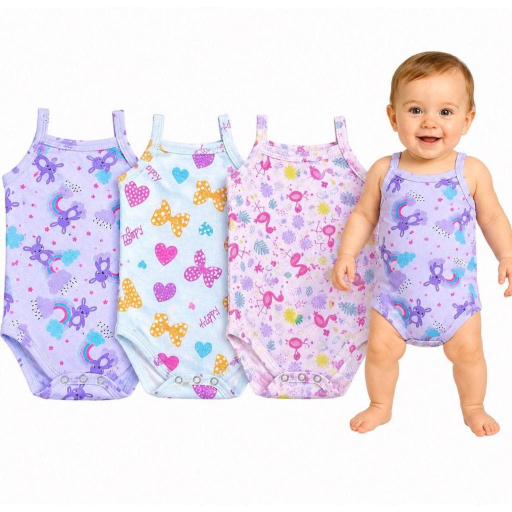 Kit 3 Body Bebê Menina Regata Infantil Feminino Algodão Confortável Verão Roupinha para Bebê Recém-Nascida Enxoval