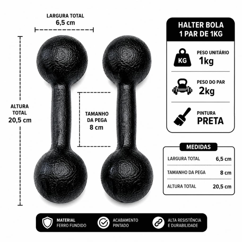 Halter Bola 1kg Par 2 Unidades Ferro Fundido Pintado Preto Academia Treino Musculação