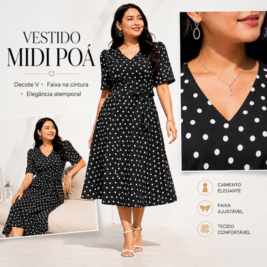 Vestido Feminino Midi Leve Confortavel Moda Evangelica Gola V Manga Franzida Lastex Costas Saia Rodada com Laço Forrado