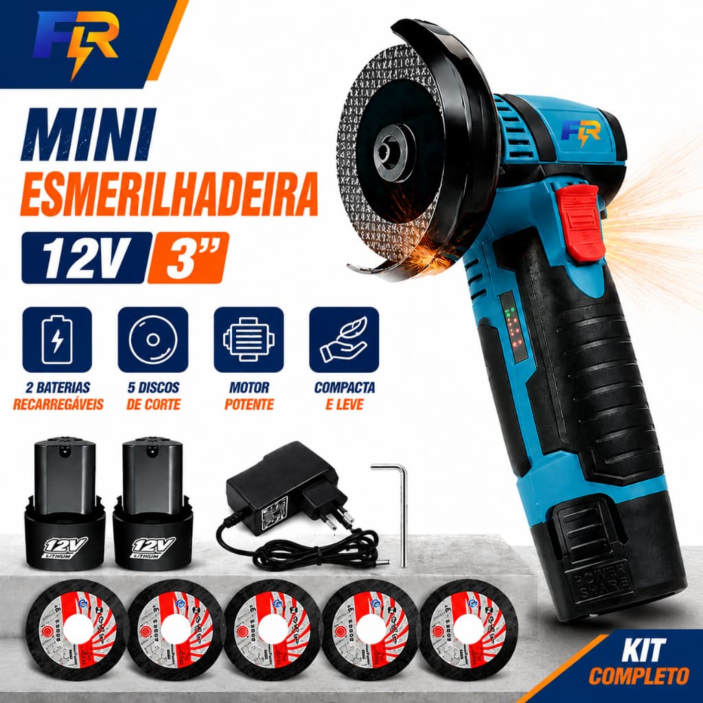 Mini Esmerilhadeira Angular Sem Fio 12V Portátil, Kit com 2 Baterias Lítio, 5 Discos para Corte, Lixamento e Polimento