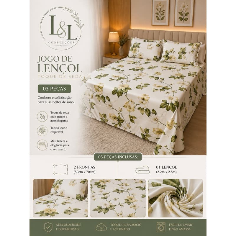 ✨ Jogo de Lençol Toque de Seda 3 Peças Casal Floral – 2 Fronhas 50x70 + Lençol 2,20x2,50m