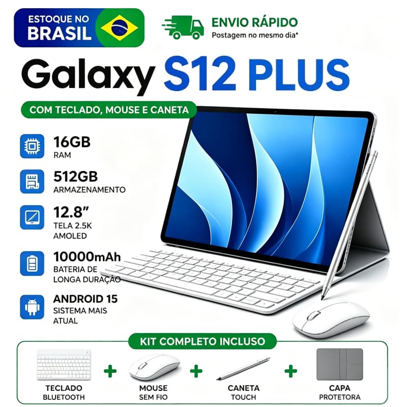 Galaxy S12 Plus 12.8" 2.5K Android 15 16+512GB 5G 10000mAh Combo com Teclado e Mouse