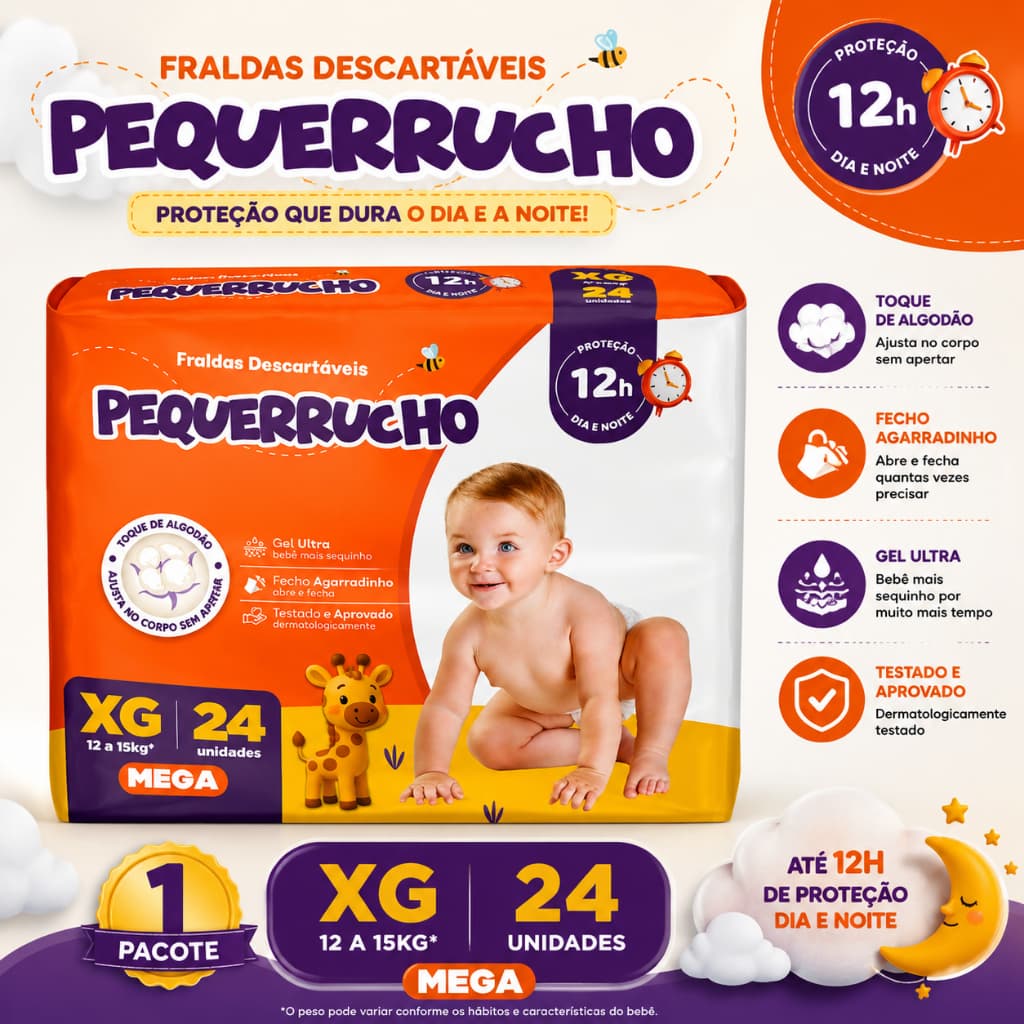 Fralda Descartável Pequerrucho Mega Tamanho XG 24 Unidades Extra Absorção Toque Algodão Conforto Dia e Noite