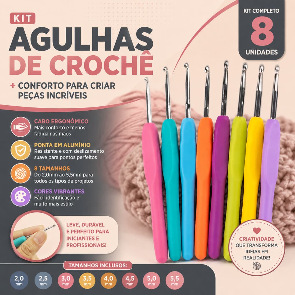Kit 8 Agulhas para Crochê Profissional com Cabo Soft e Ponta de Alumínio para Barbante e Amigurumi