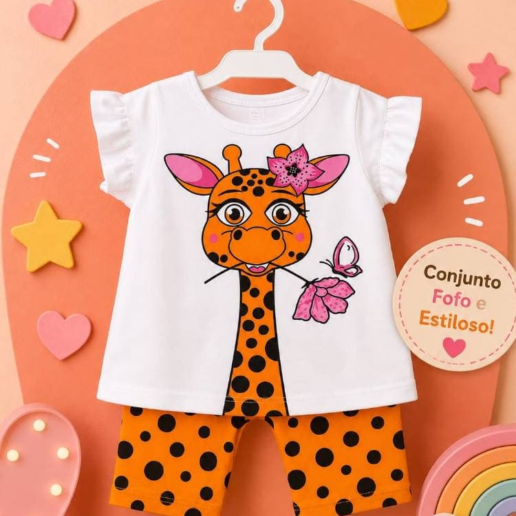 Conjunto de Bebê Menina Verão Calor Girafa Fofinha Roupinha Temático Mesversário 3 a 6 Meses