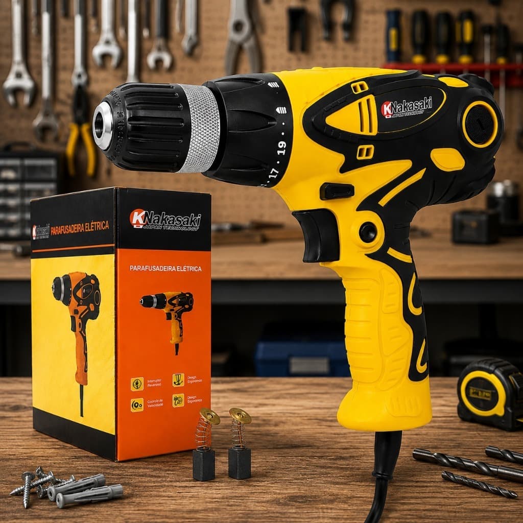 Parafusadeira Furadeira Elétrica 450W Nakasaki 10mm com Fio Profissional Profissional 350RPM