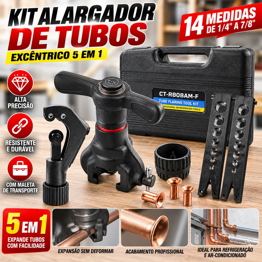 Kit Flangeador de Tubos Excêntrico com Catraca 3/16" a 3/4" e 5mm a 19mm + Cortador + Escareador