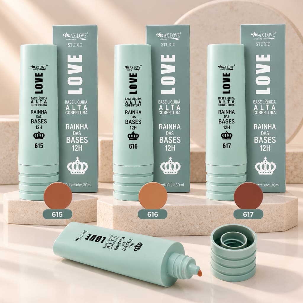 Base Líquida Alta Cobertura Rainha das Bases 12H Max Love 30ml | Cores 615 616 617