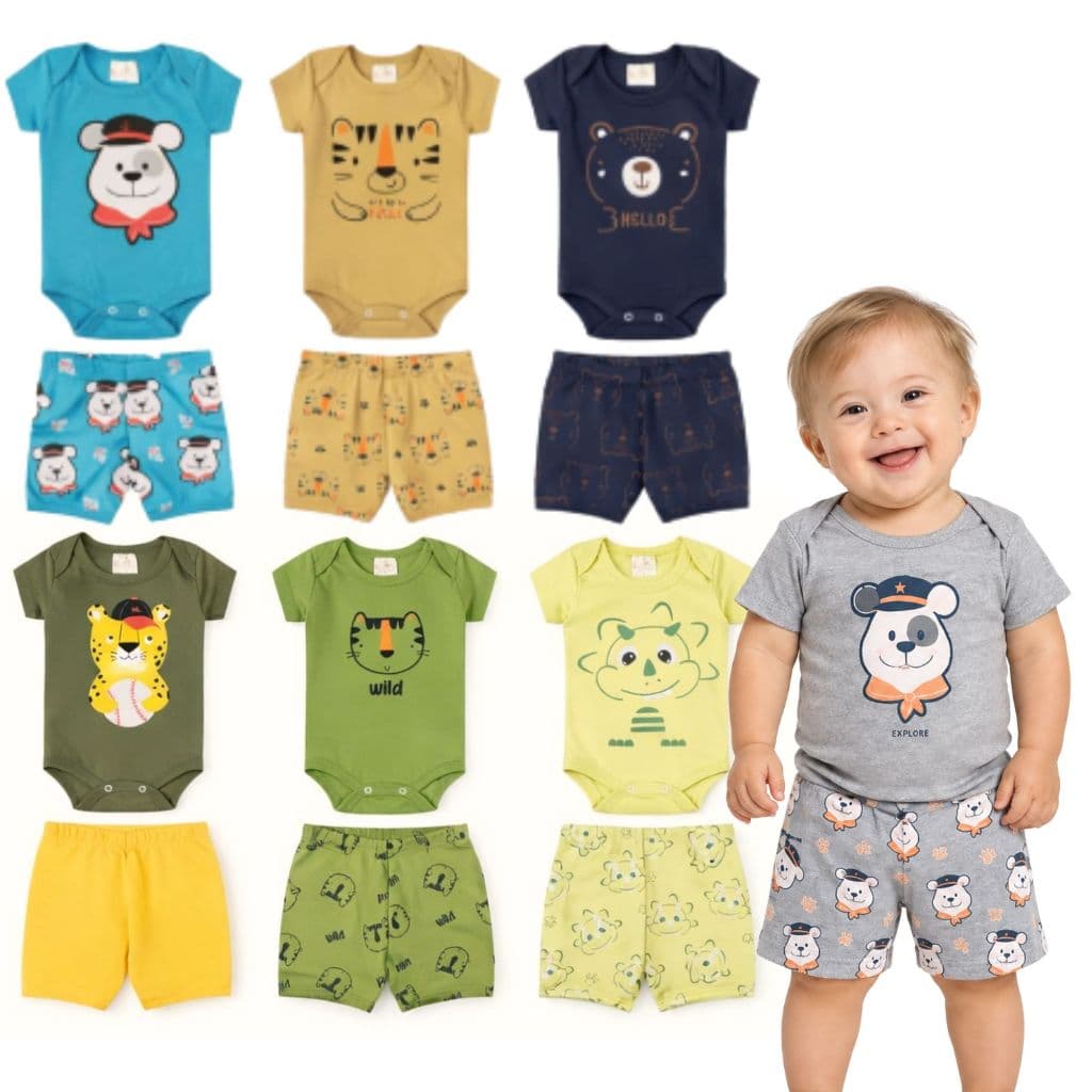 Kit 3 ou 5 Conjunto de Bory Bebe Manga Curta Menino + Short Tapa Fralda em Algodão Enxoval Maternidade