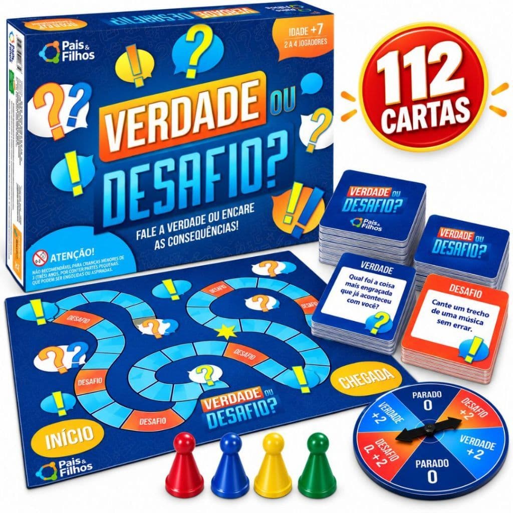 Jogo de Tabuleiro Verdade ou Desafio Pais e Filhos 112 Cartas Roleta Crianças Adolescentes Família Presente