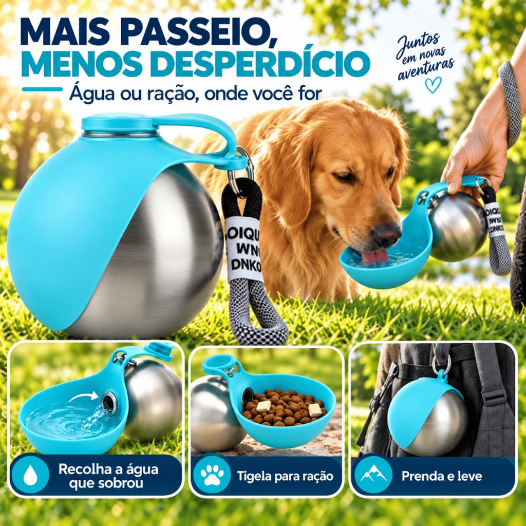 Garrafa Bebedouro Portátil para Cachorro e Gato com Tigela, Ideal para Viagem, Passeio e Pets, Água e Ração