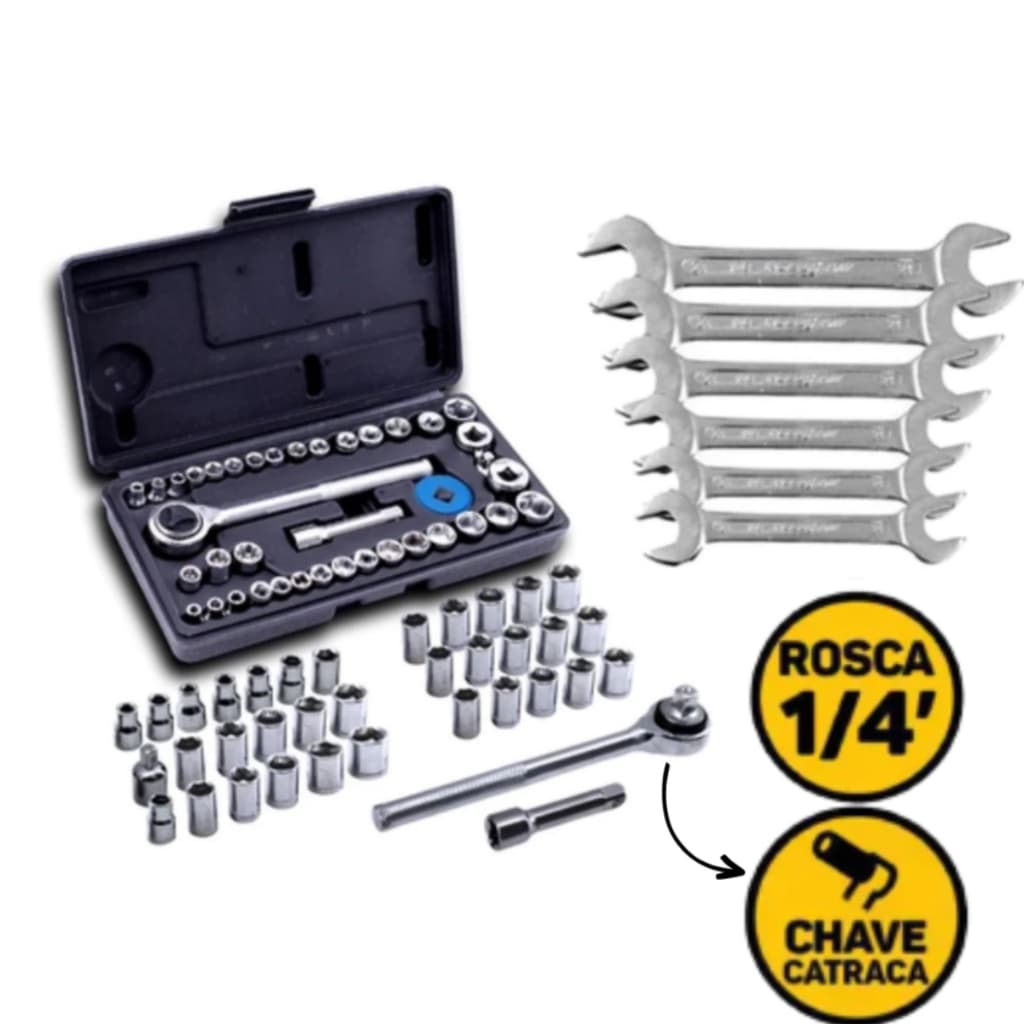 Kit Ferramenta - Chave Soquete Sextavado Com Catraca 40 Peças+Jogo Chave Fixa 6 Peças - Fertak Tools