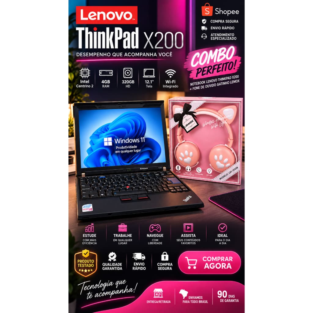 Notebook Lenovo ThinkPad X200 + FONE  c/garantia - BATERIA NÃO SEGURA CARGA - Acompanha carregador novo