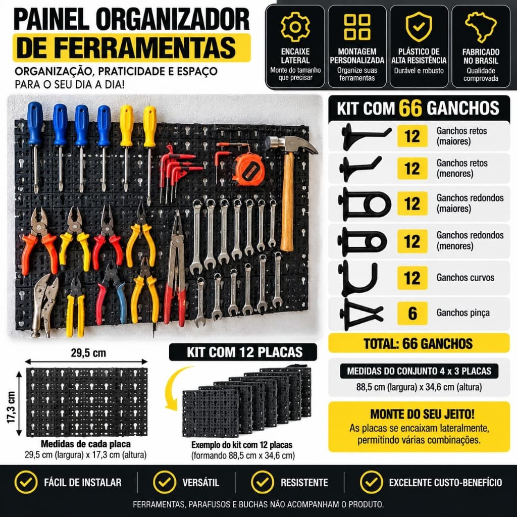 Painel Organizador De Ferramentas Kit Completo 12 Placas + 66 ganchos