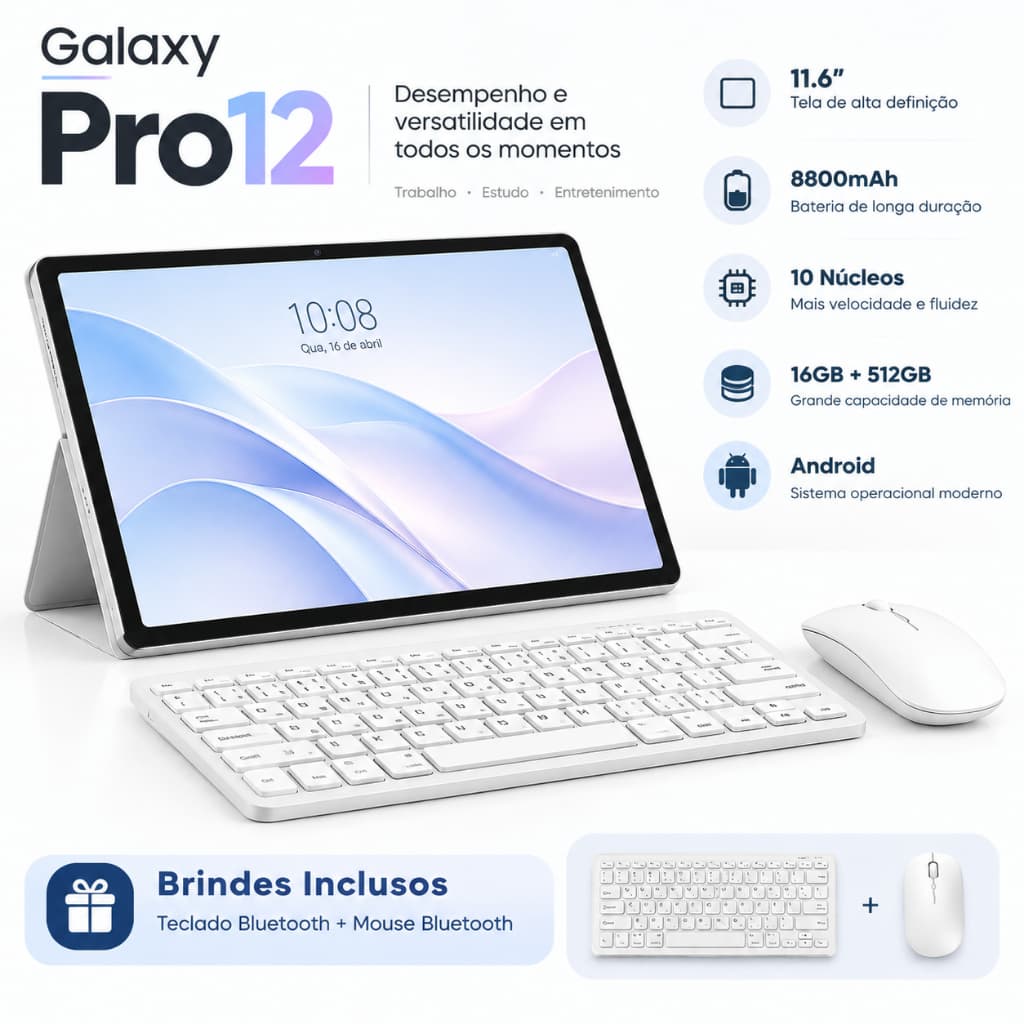 Tablet Galaxy Pro12 | 16GB RAM 512GB | 11.6" HD Screen | Android 15 | 5G | Free Keyboard and Mouse