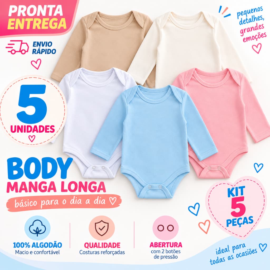 Kit 5 Bodys para Bebê Manga Longa 100% Algodão Enxoval Menino e Menina Maternidade