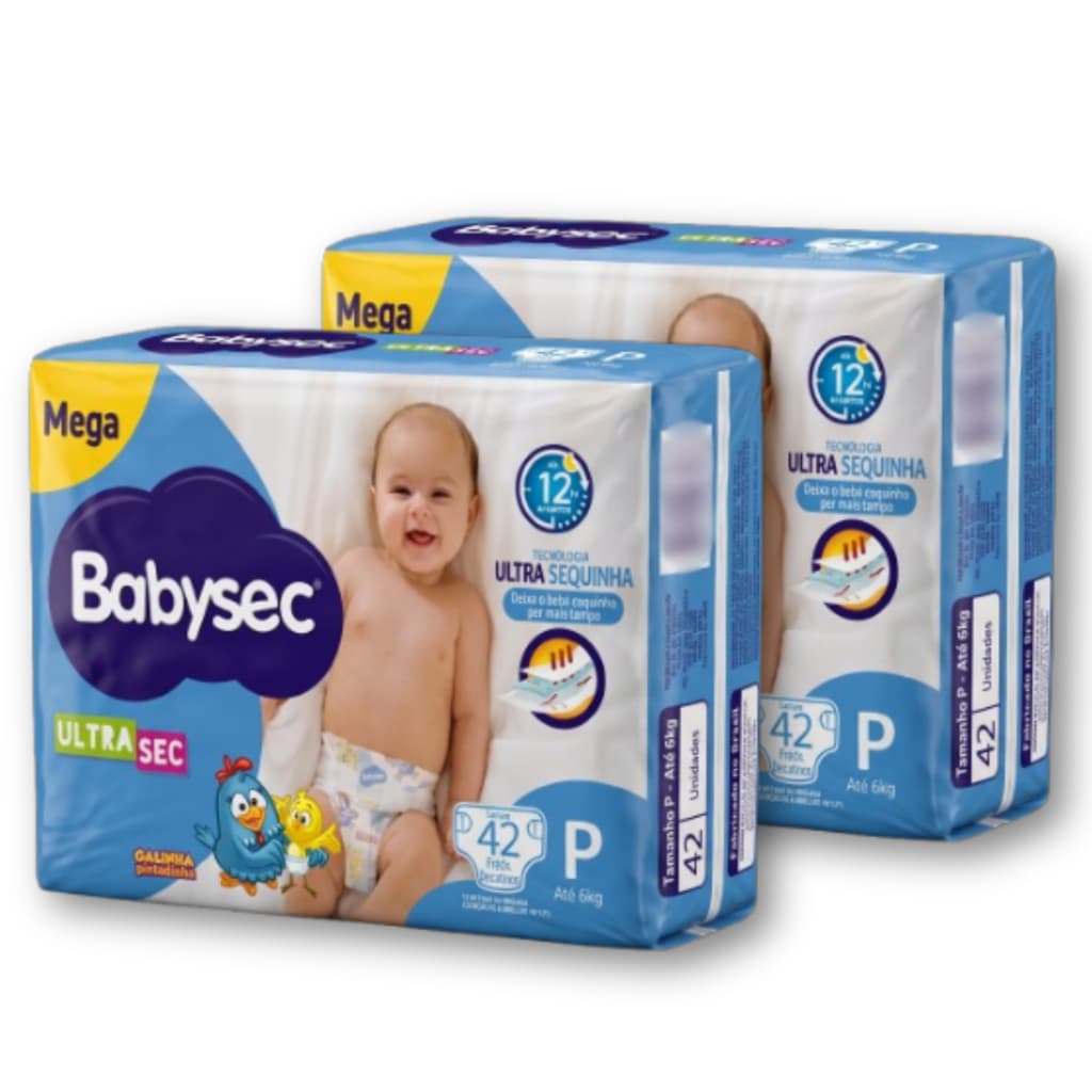 Kit 2 Fralda Descartável Babysec Mega UltraSec Tam P Galinha Pintadinha - Total 84 Unidades