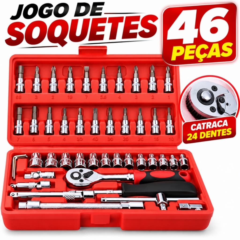 Jogo Soquetes 46 Peças Catraca Reversível Ferramentas para Carro e Casa c/ Maleta