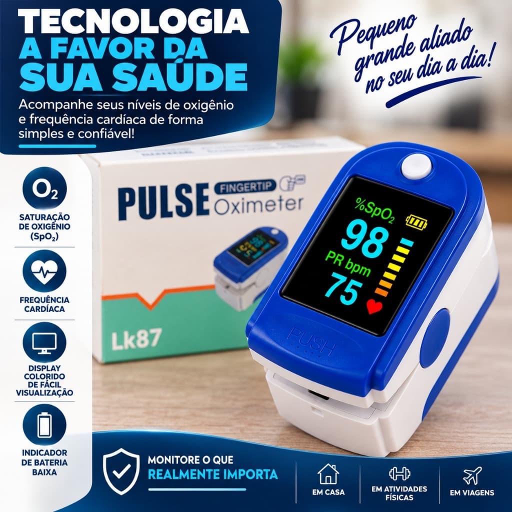 Oxímetro de Pulso Digital de Dedo LK87 Medidor de Saturação SpO2 e Frequência Cardíaca