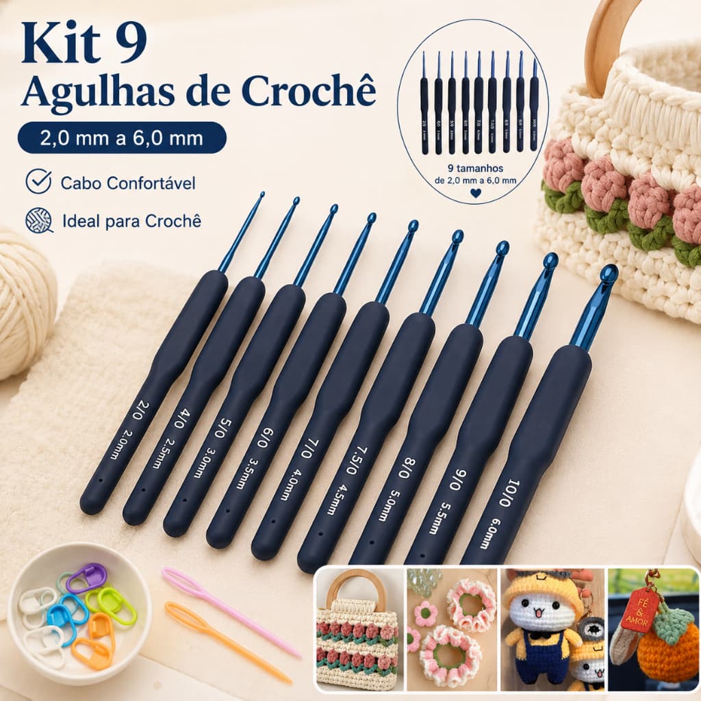 Kit Agulha Barbante Para Crochê Profissional Com 09 Peças Cabo Soft Ergonômico Ponta de Alumínio Para Barabante