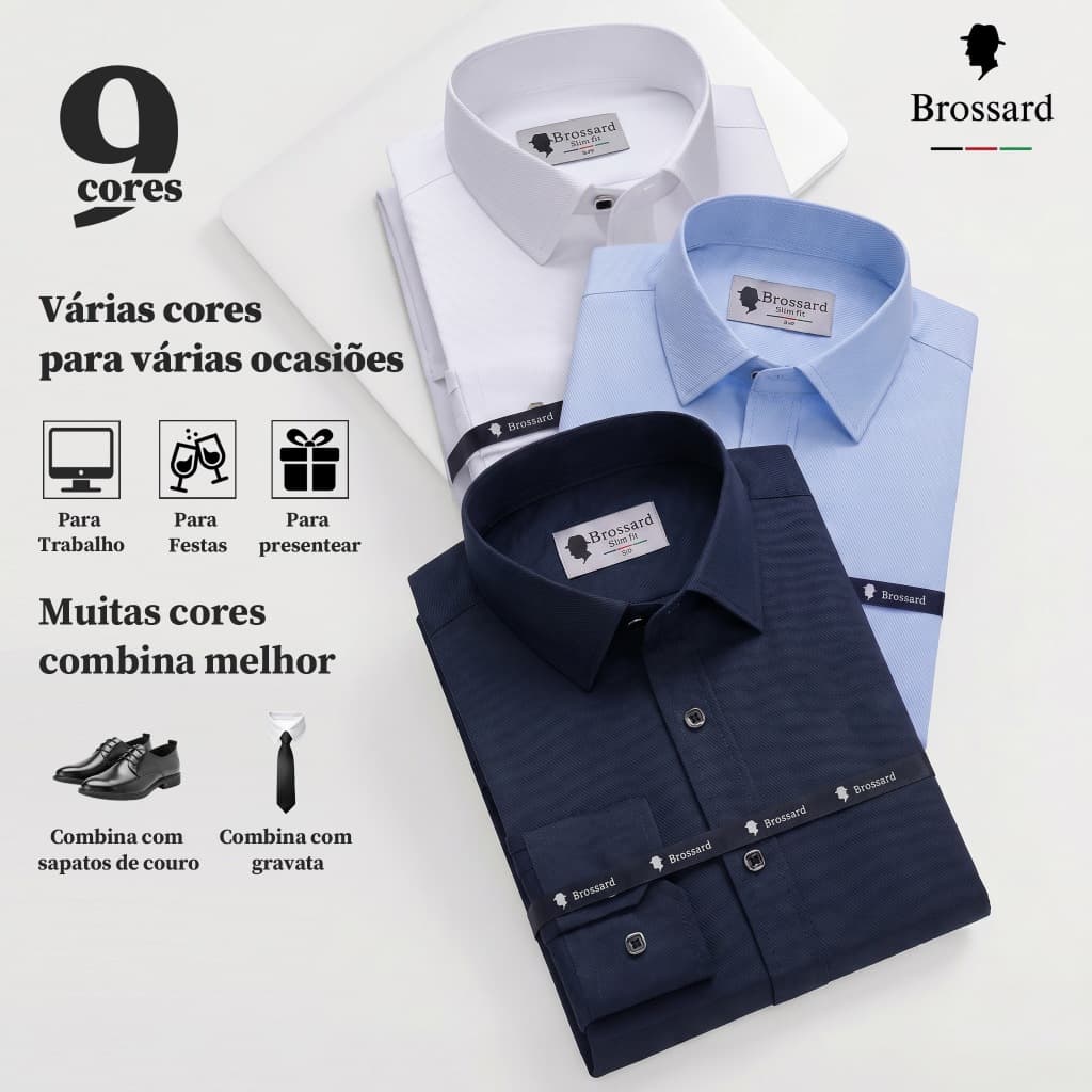 Camisa Social Roupa Masculina Brossard Algodão Luxo Não Amassa, Blusa Slim do Brasil Para Trabalho