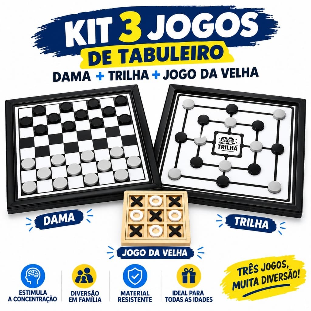 Kit Jogo da Dama Velha e Trilha Tabuleiro Grande Educativo Diversão para Família 32x32