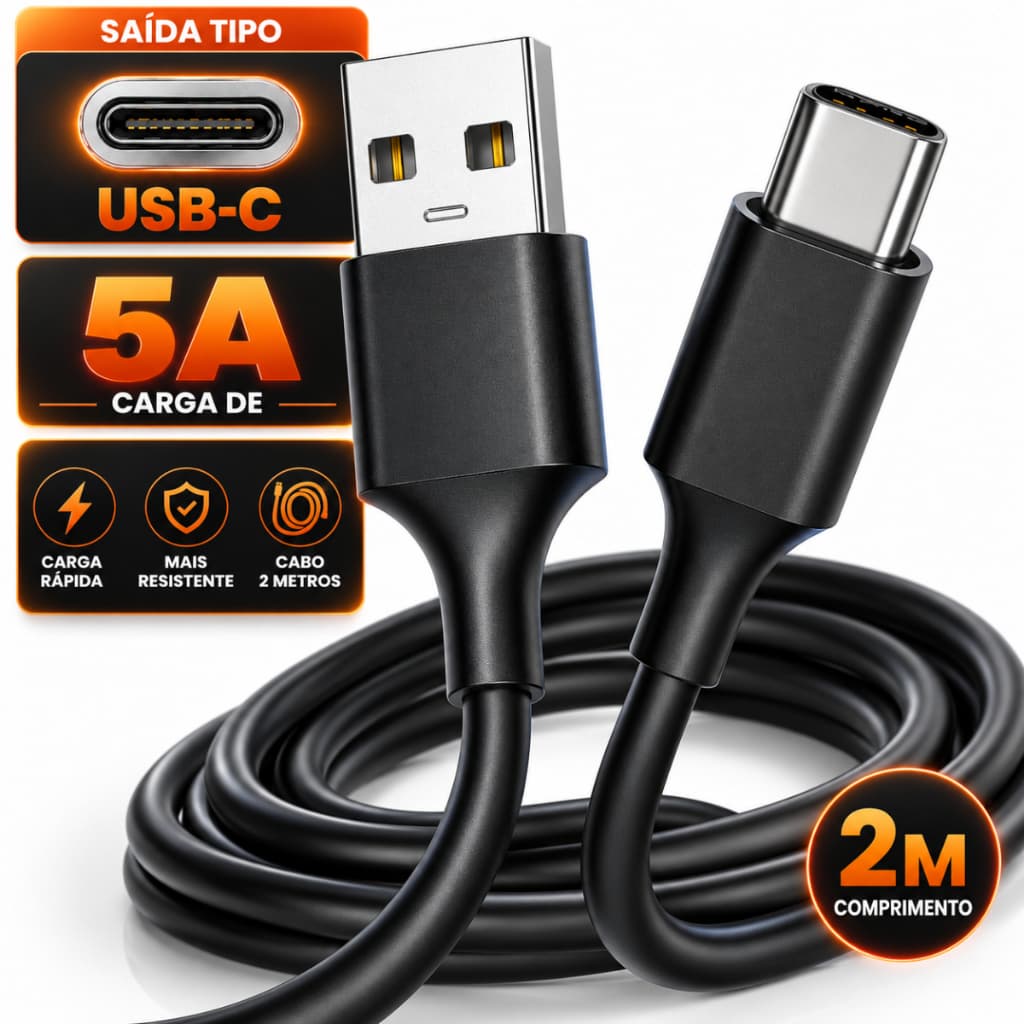 Cabo USB Tipo C 5A Carregamento Rápido 2 Metros Reforçado Compatível Android