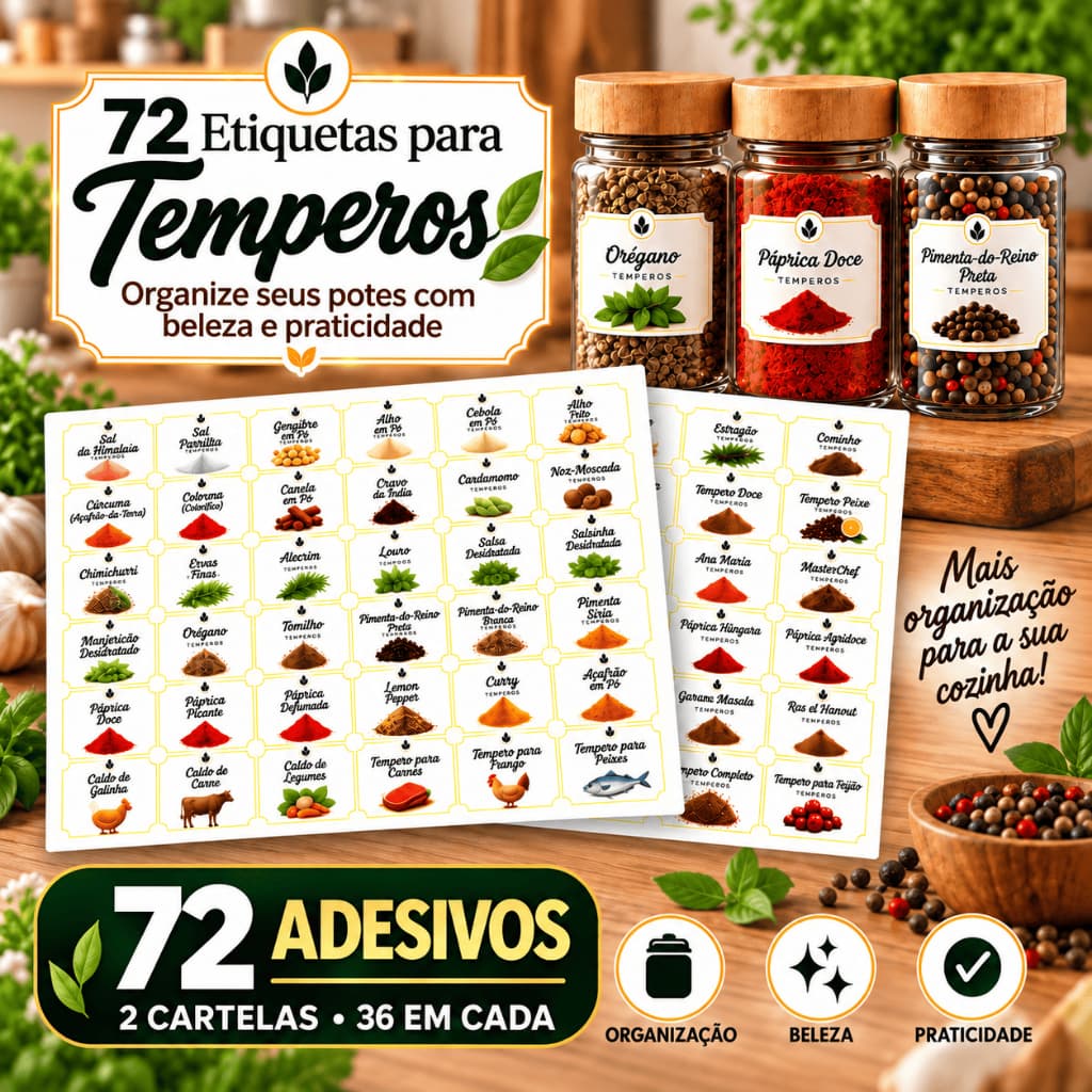 72 adesivos para temperos Etiquetas para potes de mantimentos condimentos e organização de cozinha 2 cartelas