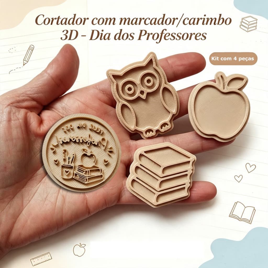 Kit Cortador marcador carimbo 3D de Biscoito, Massas, Biscuit, Confeitaria - Dia dos Professores massinha de modelar