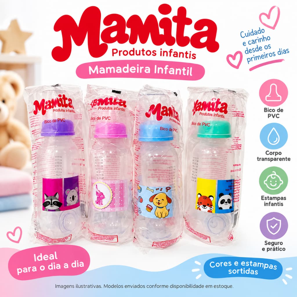 Mamadeira Mamita Infantil 240ml Bico de PVC Estampada para Bebê Cores e Desenhos Sortidos