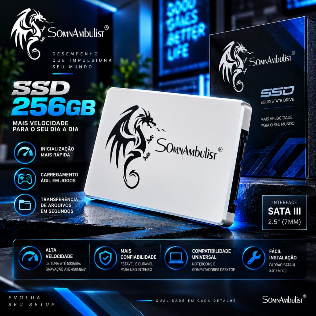 SSD 256GB NOVO SOMNAMBULIST MODELO SATA III 2.5 USO INTERNO E EXTERNO PARA PC XBOX NOTEBOOK PS4