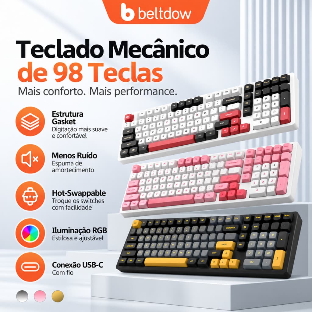 BETTDOW Teclado Mecânico Gamer 98 Teclas Gasket RGB, Hot-Swappable, Bluetooth 5.0, 2.4G e USB-C