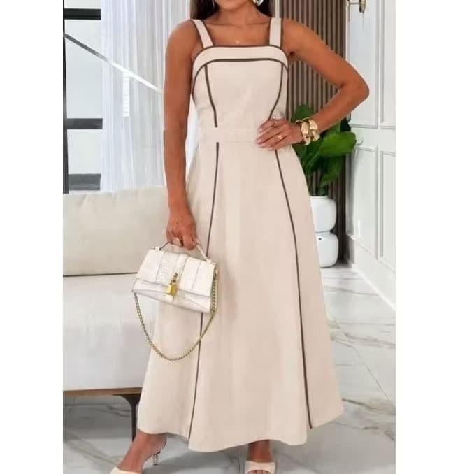Vestido Feminino Midi  Casual Tecido Sensorial Marrant Com Viés  Alça Grossa Com Bojo