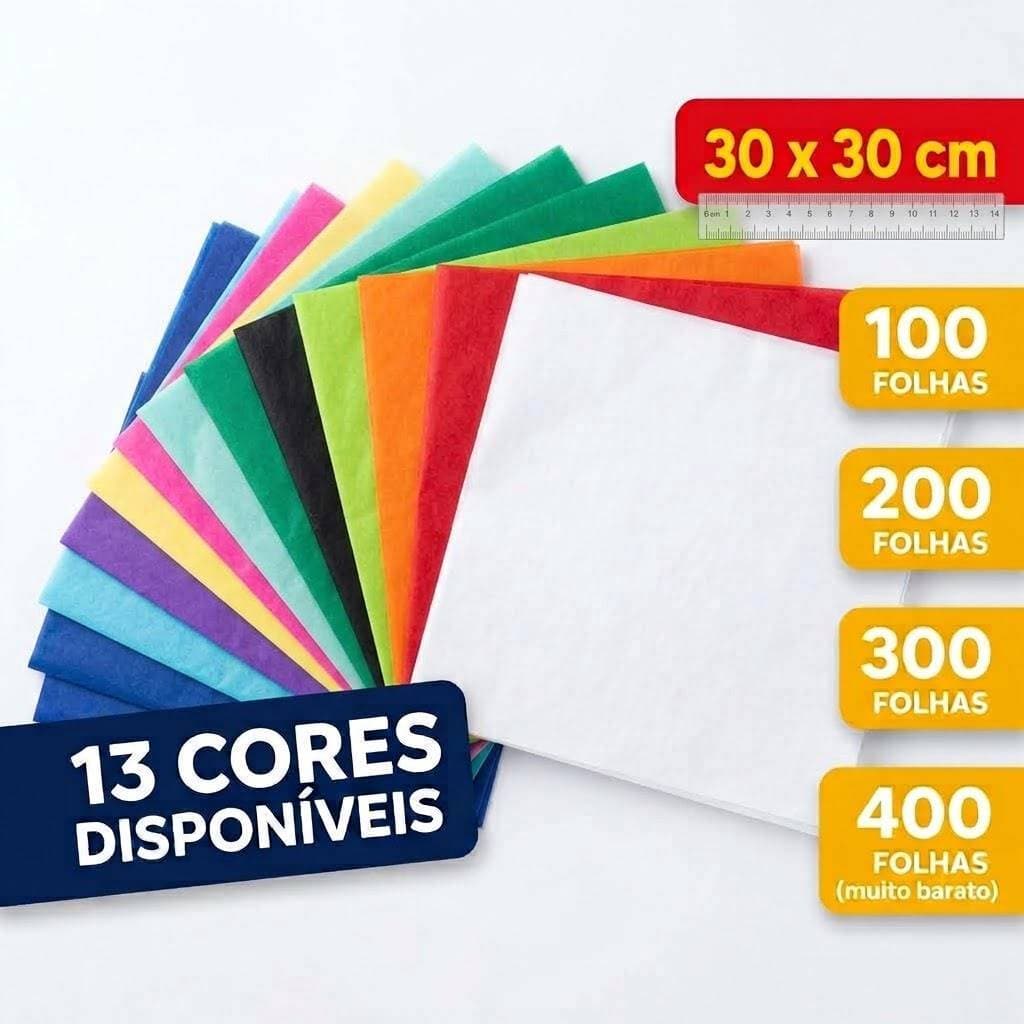 Papel de Seda 30X30 Branco e Cores c/100 200 300 400 kits Baratos Embalagens Presentes