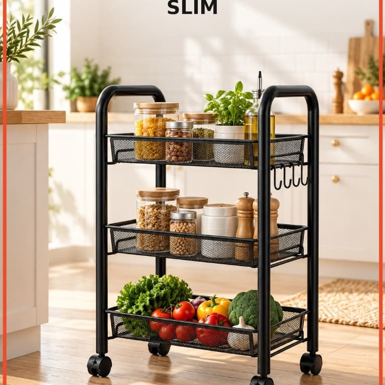 Carrinho Organizador Multiuso Slim 3 Prateleiras com Rodas para Cozinha e Banheiro de cozinha - Preta