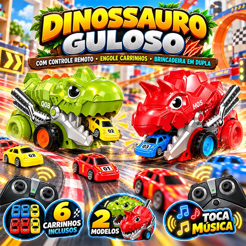 Dinossauro Guloso Controle Remoto 2.4G, engole carrinhos, toca música. Inclui 6 mini carrinhos